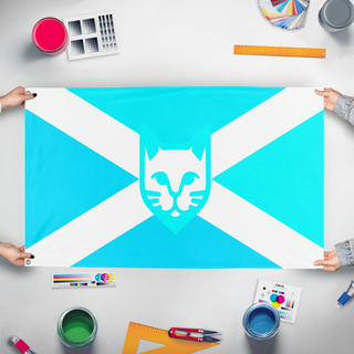 A mockup of the custom flag 'Murlandian Flag of Freedom' held up on a table during print checking