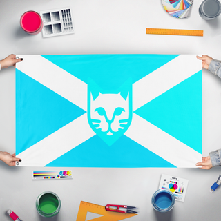 A mockup of the custom flag 'Flag of the Free Republic of Murlandia' held up on a table during print checking
