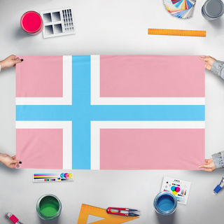 A mockup of the custom flag 'Trans-scandinavianism flag' held up on a table during print checking