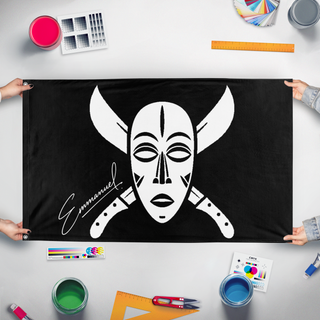 A mockup of the custom flag 'African Warrior flag' held up on a table during print checking