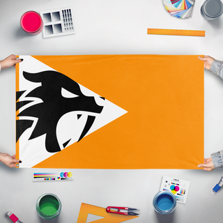 A mockup of the custom flag 'Catlandia flag' held up on a table during print checking