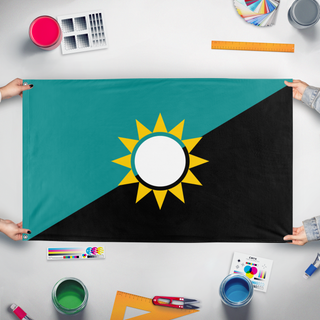 A mockup of the custom flag 'Bakis City flag' held up on a table during print checking