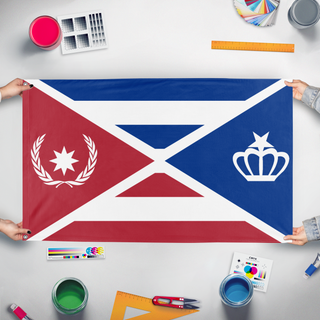 A mockup of the custom flag 'Peoples Cooperative of Zanstisa flag' held up on a table during print checking