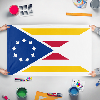 A mockup of the custom flag 'East Trasine flag' held up on a table during print checking