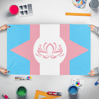 A mockup of the custom flag 'West Trasine flag' held up on a table during print checking
