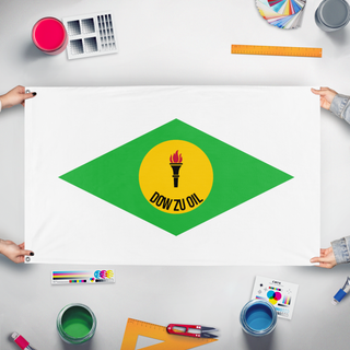 A mockup of the custom flag 'Dow Zu Oil Company flag' held up on a table during print checking