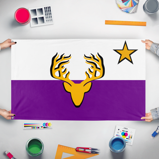 A mockup of the custom flag 'Cortia flag' held up on a table during print checking