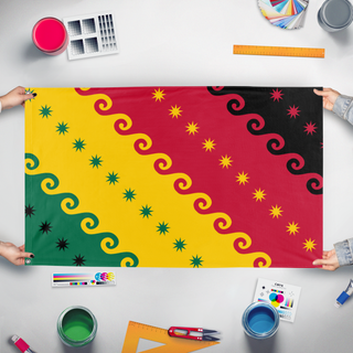 A mockup of the custom flag 'Joduk flag' held up on a table during print checking