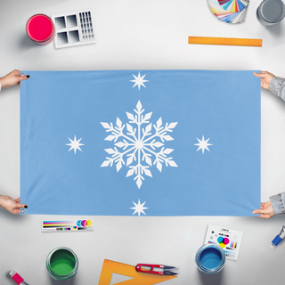 A mockup of the custom flag 'Polar Alliance flag' held up on a table during print checking