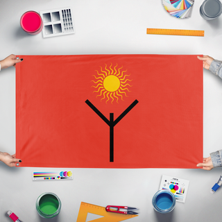 A mockup of the custom flag 'Zaqine Cult flag' held up on a table during print checking