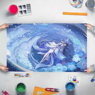 A mockup of the custom flag 'columbina flag' held up on a table during print checking
