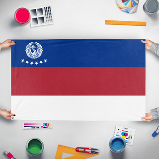 A mockup of the custom flag 'United Nuzz States flag' held up on a table during print checking