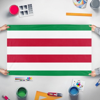 A mockup of the custom flag 'Kane Family flag' held up on a table during print checking