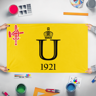 A mockup of the custom flag 'foodist flag' held up on a table during print checking