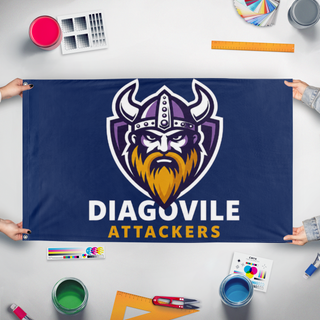 A mockup of the custom flag 'a flag' held up on a table during print checking