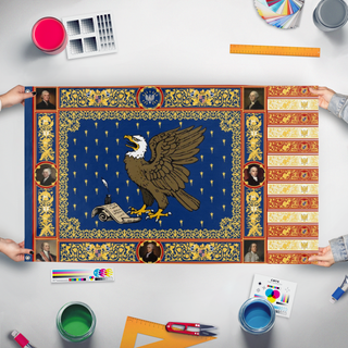 A mockup of the custom flag 'United States in the style of Venice flag' held up on a table during print checking