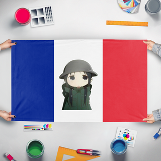 A mockup of the custom flag 'french flag' held up on a table during print checking