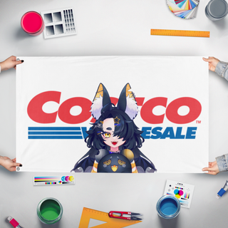 A mockup of the custom flag 'Small Egoo Costco flag' held up on a table during print checking