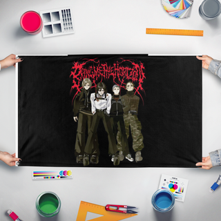 A mockup of the custom flag 'bmth flag' held up on a table during print checking