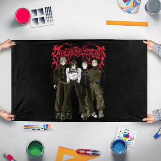A mockup of the custom flag 'BMTH flag' held up on a table during print checking