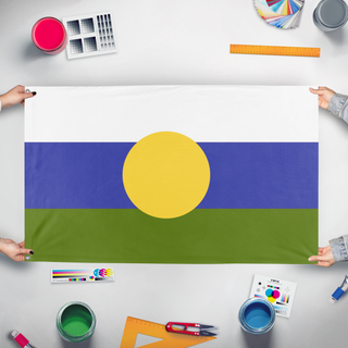 A mockup of the custom flag 'The Republic of Tomland flag' held up on a table during print checking