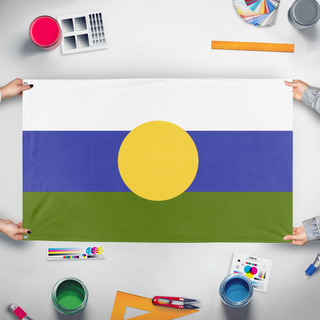 A mockup of the custom flag 'The Republic of Tomland flag' held up on a table during print checking