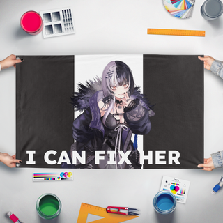 A mockup of the custom flag 'Shiori flag' held up on a table during print checking