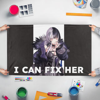 A mockup of the custom flag 'Shiori flag' held up on a table during print checking
