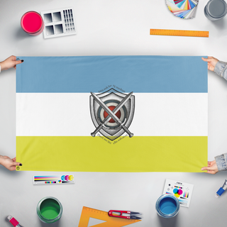 A mockup of the custom flag 'The Innaian flag' held up on a table during print checking