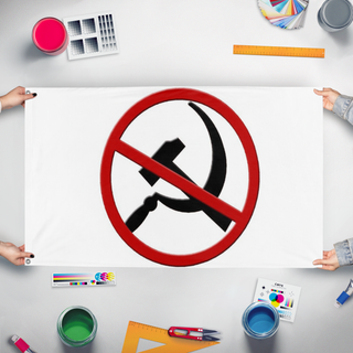A mockup of the custom flag 'anti communism flag' held up on a table during print checking