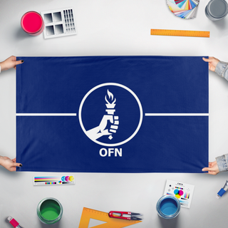 A mockup of the custom flag 'OFN Flag' held up on a table during print checking