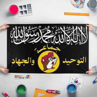 A mockup of the custom flag 'buc'ees state of islam flag' held up on a table during print checking
