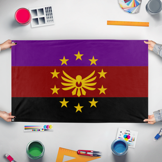 A mockup of the custom flag 'RENEWPROJECT flag' held up on a table during print checking