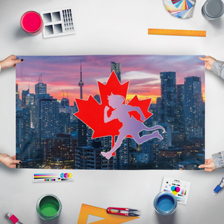 A mockup of the custom flag 'UmaCanada flag' held up on a table during print checking