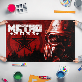 A mockup of the custom flag 'Metro2033 flag' held up on a table during print checking