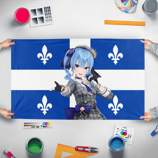 A mockup of the custom flag 'QuebecSuisei flag' held up on a table during print checking