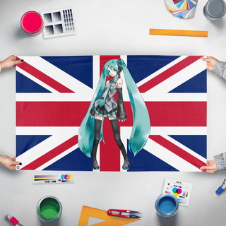 A mockup of the custom flag 'MIKU UNION JACK flag' held up on a table during print checking
