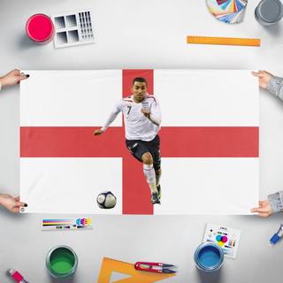 A mockup of the custom flag 'aaron flag' held up on a table during print checking