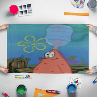A mockup of the custom flag 'patrick_bottle flag' held up on a table during print checking