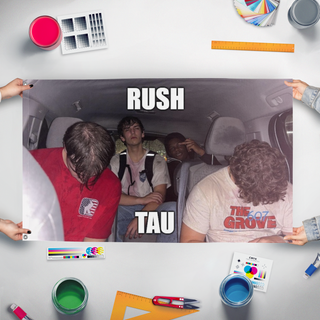 A mockup of the custom flag 'rush tau flag' held up on a table during print checking