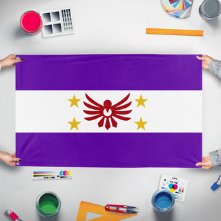 A mockup of the custom flag 'Paetheo Kingdom flag' held up on a table during print checking