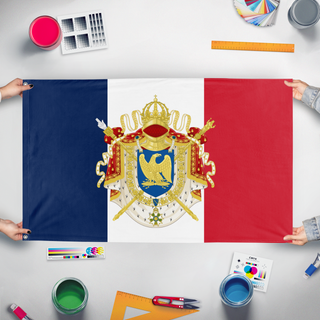 A mockup of the custom flag 'French flag' held up on a table during print checking