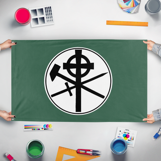 A mockup of the custom flag 'Irish empire flag' held up on a table during print checking