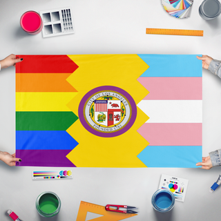 A mockup of the custom flag 'LA pride flag' held up on a table during print checking