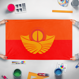 A mockup of the custom flag 'Solar Empire flag' held up on a table during print checking