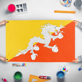 A mockup of the custom flag 'T flag' held up on a table during print checking