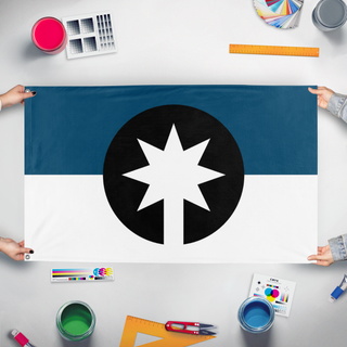 A mockup of the custom flag 'Centauran flag' held up on a table during print checking