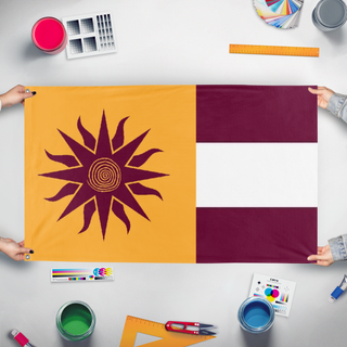 A mockup of the custom flag 'Grusan flag' held up on a table during print checking