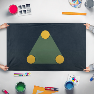 A mockup of the custom flag 'Orion's flag' held up on a table during print checking