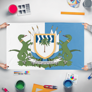 A mockup of the custom flag 'Lacerta flag' held up on a table during print checking